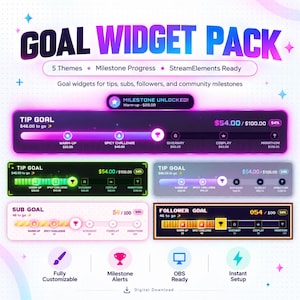 May include: A digital goal widget pack featuring various progress bars for tips, subs, and followers. The interface displays text like GOAL WIDGET PACK, TIP GOAL, SUB GOAL, and FOLLOWER GOAL with milestone markers for warm-up, spicy challenge, giveaway, cosplay, and marathon.