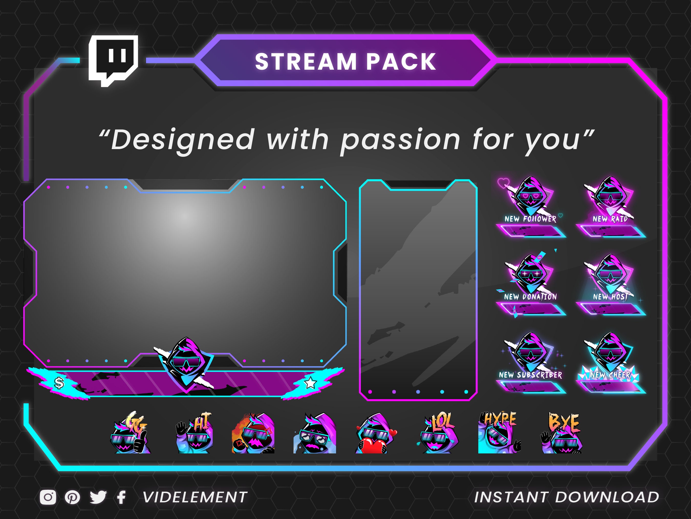 Animated Twitch Stream Overlay, Purple Twitch Overlays, Neon Overlay ...
