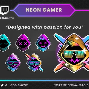May include: Six neon gamer Twitch sub badges featuring a hooded figure with different expressions. The badges are in a variety of colors, including pink, blue, and gold. The text "NEON GAMER" and "Designed with passion for you" is also included in the image.