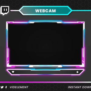 May include: A digital webcam overlay with a black background and a neon pink and blue border. The word "WEBCAM" is displayed in white text at the top. The overlay includes social media icons and the text "VIDELEMENT" at the bottom.