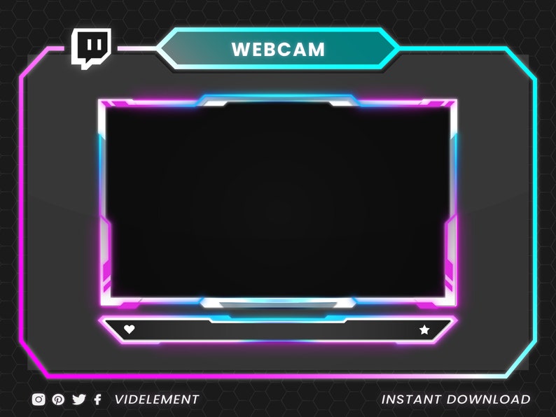 May include: A digital webcam overlay with a black background and a neon pink and blue border. The word "WEBCAM" is displayed in white text at the top. The overlay includes social media icons and the text "VIDELEMENT" at the bottom.