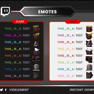 May include: A graphic showing Twitch emotes in a dark and light color scheme. The emotes are of a black cat with different expressions and accessories. The text "THIS_IS_A: TEST" is repeated multiple times with different colored text.