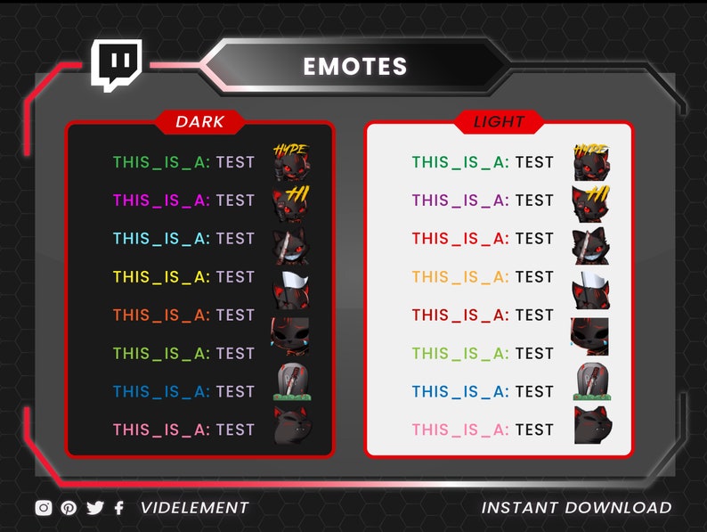 May include: A graphic showing Twitch emotes in a dark and light color scheme. The emotes are of a black cat with different expressions and accessories. The text "THIS_IS_A: TEST" is repeated multiple times with different colored text.