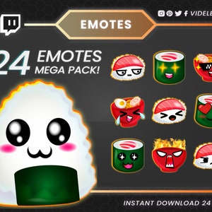 Sushi emotes, twitch emotes, twitch sub emotes, discord emotes, soup emote, egg twitch emote, food emotes, chibi emote, ramen emote, discord