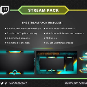 May include: A digital stream pack featuring a dark gray interface with neon cyan and yellow accents. It includes 4 animated webcam overlays, 6 animated Twitch alerts, 4 animated screens, 18 panels, a chatbox, a top bar, and a transition.