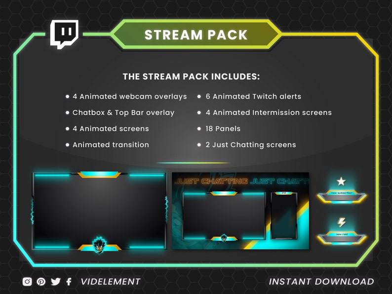May include: A digital stream pack featuring a dark gray interface with neon cyan and yellow accents. It includes 4 animated webcam overlays, 6 animated Twitch alerts, 4 animated screens, 18 panels, a chatbox, a top bar, and a transition.