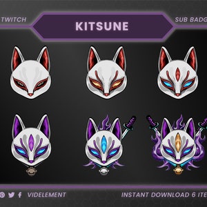 Kitsune mask badges and emotes for Twitch, kitsune twitch badge, twitch sub badges, fox twitch badge, sub badges twitch, twitch bit badges