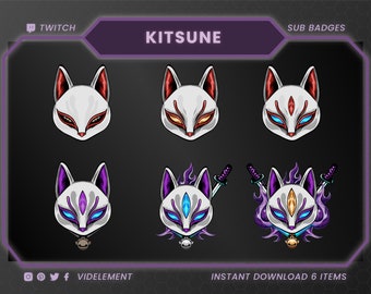 Kitsune mask badges and emotes for Twitch, kitsune twitch badge, twitch sub badges, fox twitch badge, sub badges twitch, twitch bit badges
