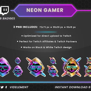 May include: Neon Gamer Twitch Sub Badges.  A set of 6 digital illustrations of a masked gamer character with neon accents.  The badges are available in 3 sizes: 72x72 pixels, 36x36 pixels, and 18x18 pixels.