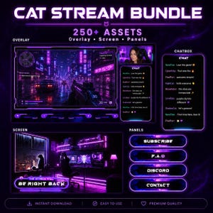 Cyberpunk Cat-streampakket: 70 memes en 250+ items, neon Twitch-overlay, VTuber-bundel, geanimeerd streampakket