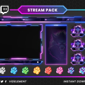 May include: A digital stream pack design with a dark grey background and neon blue, purple, and pink accents. The design includes a large central display area, a live chat window, and several smaller panels with wolf graphics. The text "STREAM PACK" is at the top.