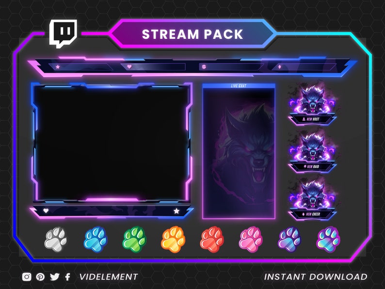 May include: A digital stream pack design with a dark grey background and neon blue, purple, and pink accents. The design includes a large central display area, a live chat window, and several smaller panels with wolf graphics. The text "STREAM PACK" is at the top.