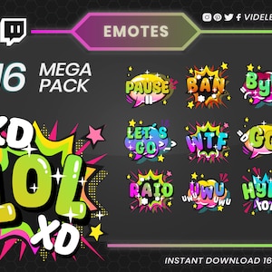 16 text emotes, twitch text emotes, twitch emotes, Lurk emote, omg emote, GG emote, Lol emote, Raid emote, Ban emote, hype emote, emote pack