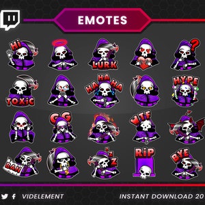 Purple Shinigami Emotes Pack - 20 Twitch Chibi-Style Subscriber Emotes with Ethereal Death God Expressions