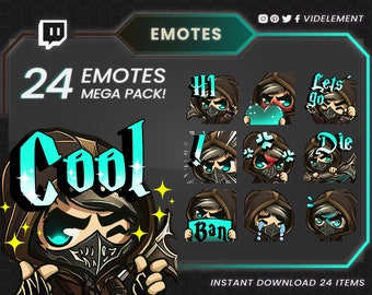 May include: A set of 24 Twitch emotes featuring a hooded character with different expressions and text. The emotes include "Cool", "Hi", "Let's go", "Die", "Ban", and more. The emotes are designed in a cartoon style with a dark background.