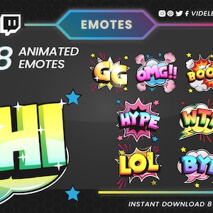 Animated emotes, twitch emotes, discord emotes, twitch sub emotes, GG emote, Lol emote, Boom emote, Hi emote, Bye emote, OMG emote, discord