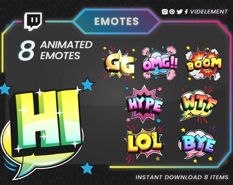 Animated emotes, twitch emotes, discord emotes, twitch sub emotes, GG emote, Lol emote, Boom emote, Hi emote, Bye emote, OMG emote, discord