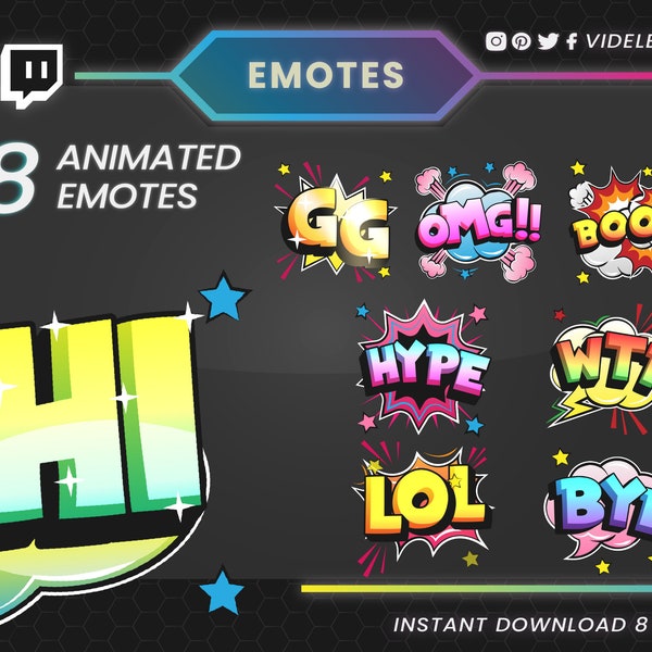 Animated emotes, twitch emotes, discord emotes, twitch sub emotes, GG emote, Lol emote, Boom emote, Hi emote, Bye emote, OMG emote, discord