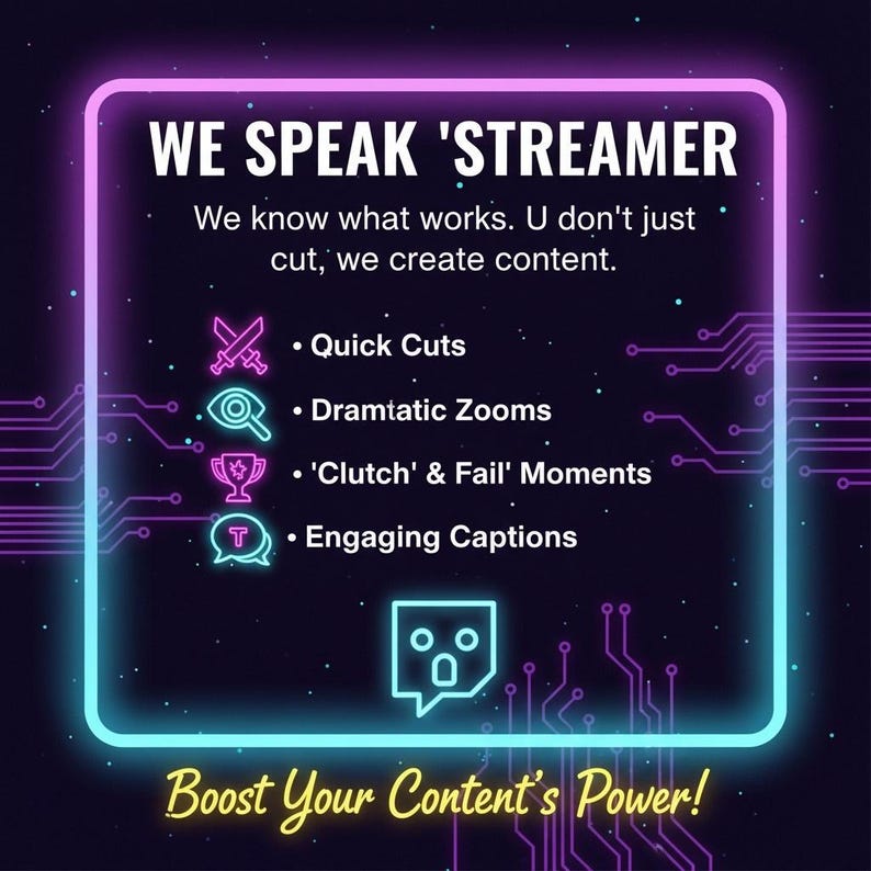 K&ouml;nnte beinhalten: Eine neonfarbene Grafik mit dem Text "WE SPEAK 'STREAMER" und "Boost Your Content's Power!". Das Bild listet Content-Erstellungsdienste auf, darunter schnelle Schnitte, dramatische Zooms und ansprechende Bildunterschriften, mit einem Leiterplattendesign.