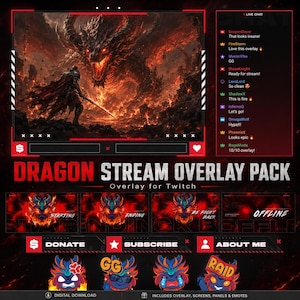 Peut inclure: Pack graphique téléchargeable pour streamers Twitch. Le design présente un dragon de feu et un guerrier. Le texte indique "DRAGON STREAM OVERLAY PACK" avec des options pour les écrans de démarrage, de fin et hors ligne, ainsi que des panneaux et des emotes.