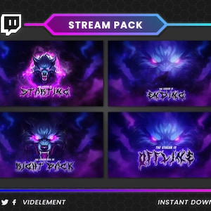 May include: A digital stream pack featuring a wolf design in purple and blue hues. The pack includes four screens with text: "STARTING", "ENDING", "RIGHT BACK", and "OFFLINE". Designed for Twitch streamers, it's an instant download.