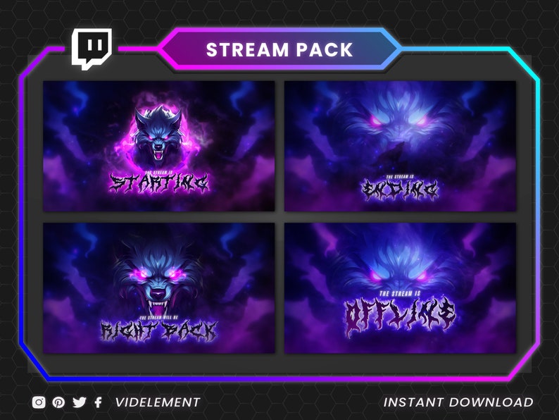 May include: A digital stream pack featuring a wolf design in purple and blue hues. The pack includes four screens with text: "STARTING", "ENDING", "RIGHT BACK", and "OFFLINE". Designed for Twitch streamers, it's an instant download.