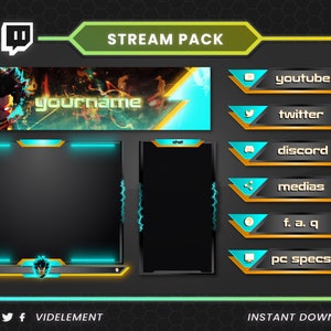 May include: A digital stream pack featuring a banner with a stylized character, a webcam overlay, a chat box, and six buttons labeled YouTube, Twitter, Discord, Medias, F. A. Q, and PC Specs. The design uses black, cyan, and yellow accents throughout.