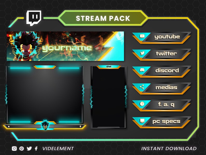 May include: A digital stream pack featuring a banner with a stylized character, a webcam overlay, a chat box, and six buttons labeled YouTube, Twitter, Discord, Medias, F. A. Q, and PC Specs. The design uses black, cyan, and yellow accents throughout.