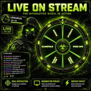 Pode incluir: Um gráfico digital intitulado LIVE ON STREAM apresentando uma roda interativa verde neon com segmentos rotulados BONUS, HYDRATE, PUSH UPS, ROBOT VOICE, DANCE CAM e BLINDFOLD. Uma figura encapuzada com olhos verdes brilhantes está ao lado.
