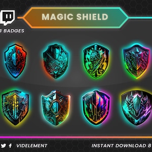 May include: Eight colourful Twitch sub badges featuring a shield design with different coloured neon outlines. The text "MAGIC SHIELD" is at the top of the image. The text "SUB BADGES" is below the Twitch logo. The text "INSTANT DOWNLOAD 8 ITEMS" is at the bottom of the image.