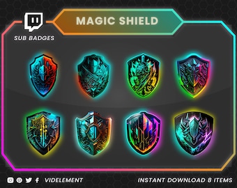 May include: Eight colorful Twitch sub badges featuring a shield design with different colored neon outlines. The text "MAGIC SHIELD" is at the top of the image. The text "SUB BADGES" is below the Twitch logo. The text "INSTANT DOWNLOAD 8 ITEMS" is at the bottom of the image.