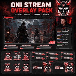 May include: A digital Oni Stream Overlay Pack featuring a red and black color scheme with a Japanese demon mask motif. Includes various interface elements like screens, panels, and alerts with text labels such as Starting, Ending, and social media links.