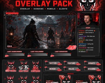 May include: A digital Oni Stream Overlay Pack featuring a red and black color scheme with a Japanese demon mask motif. Includes various interface elements like screens, panels, and alerts with text labels such as Starting, Ending, and social media links.