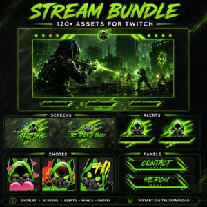 Paquete de contenido para streaming con máscara con capucha de neón verde: emoticonos, insignias, alertas, superposiciones y paneles (descarga digital).