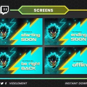 May include: A set of four digital streaming screens featuring a stylized anime character with glowing cyan hair. Each screen displays text in gold lettering: "starting SOON," "ending SOON," "be right BACK," and "the stream is offline."
