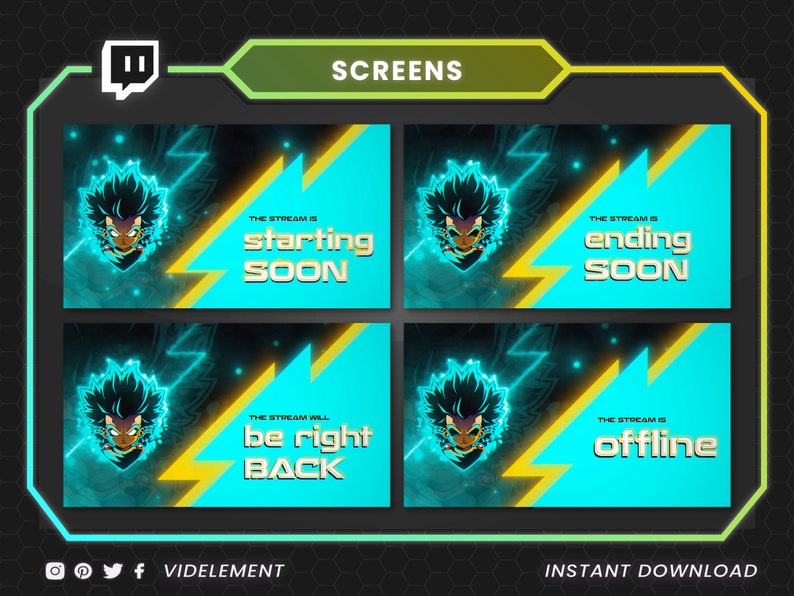 May include: A set of four digital streaming screens featuring a stylized anime character with glowing cyan hair. Each screen displays text in gold lettering: "starting SOON," "ending SOON," "be right BACK," and "the stream is offline."