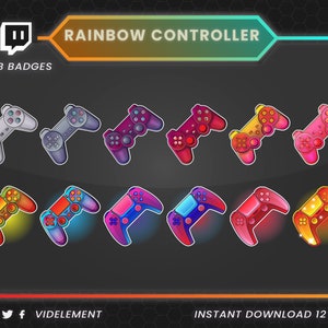 Peut inclure: Douze badges de souscription Twitch colorés représentant une manette de jeu stylisée dans différentes couleurs, notamment le gris, le violet, le rouge, l'orange, le jaune, le bleu et le vert. Le texte "SUB BADGES" est en haut de l'image.
