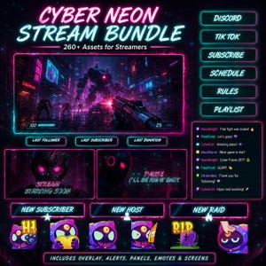Könnte beinhalten: Ein Cyber-Neon-Stream-Paket mit einem dunklen, futuristischen Stadthintergrund, leuchtend rosa und blauem Text, verschiedenen UI-Panels, einem Chat-Fenster und animierten Charakter-Emotes, darunter eine violette Kreatur mit Kapuze und einem Auge.