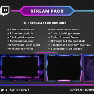 May include: A digital graphic for Twitch streamers, with a dark background and a neon blue and purple border. The text reads "STREAM PACK" and lists included items like webcam overlays, animated screens, and Twitch alerts. The bottom right corner says "INSTANT DOWNLOAD".
