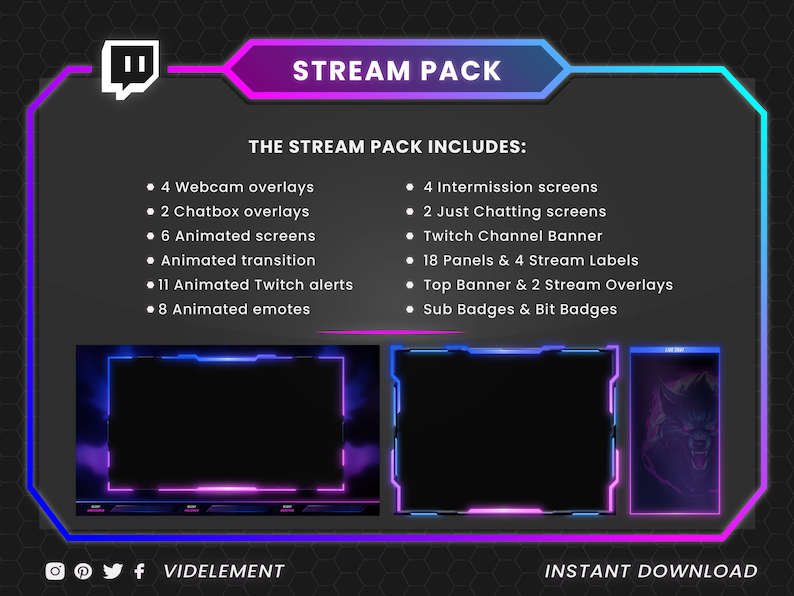 May include: A digital graphic for Twitch streamers, with a dark background and a neon blue and purple border. The text reads "STREAM PACK" and lists included items like webcam overlays, animated screens, and Twitch alerts. The bottom right corner says "INSTANT DOWNLOAD".