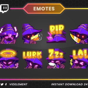 May include: A set of Twitch emotes featuring a purple wizard character with different expressions and text. The emotes include "RIP", "Lurk", "Zzz", and "LOL".