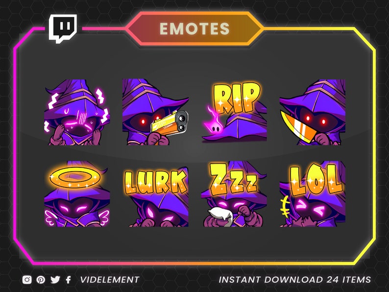 May include: A set of Twitch emotes featuring a purple wizard character with different expressions and text. The emotes include "RIP", "Lurk", "Zzz", and "LOL".
