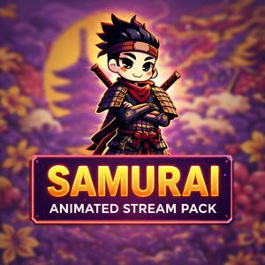 Paquete de streaming Chibi Samurai: emoticonos animados de Twitch y superposición de Sakura para streamers.