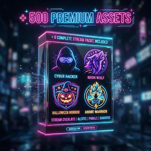 May include: A digital product box with the text "+ 500 PREMIUM ASSETS" and "+9 COMPLETE STREAM PACKS INCLUDED". The box features neon illustrations of a cyber hacker, a wolf, a jack-o'-lantern, and an anime warrior. Includes stream overlays, alerts, panels, and banners.
