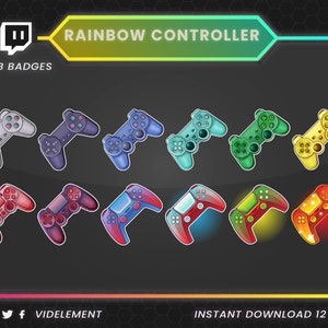 Op de afbeelding: Een set van 12 regenboogkleurige Twitch-sub-badges voor videogamecontrollers. De badges zijn in verschillende kleuren, waaronder rood, oranje, geel, groen, blauw, indigo en violet. De badges hebben allemaal dezelfde stijl, met een witte omtrek en een zwarte achtergrond.