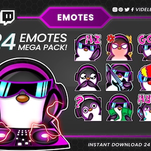 Twitch emotes, Discord emotes, twitch sub emotes, cute emotes, text emotes, musician emotes, penguin twitch emote, chibi emote, neon emotes