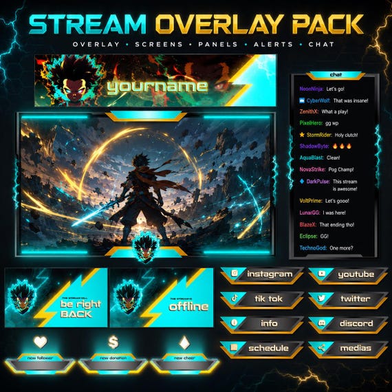 Animated Overlay Stream Pack , Custom Emotes, Panels, Alerts, Badges, Widgets for Gaming Streaming, VTuber Overlay, Anime Overlay