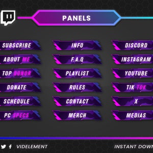 May include: Digital overlay panels for streaming platforms, featuring a dark background with a geometric design and a blue, purple, and pink gradient. Each panel includes text such as "Subscribe", "About Me", and "Donate".