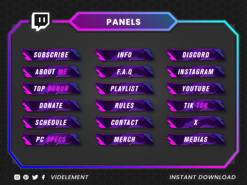 May include: Digital overlay panels for streaming platforms, featuring a dark background with a geometric design and a blue, purple, and pink gradient. Each panel includes text such as "Subscribe", "About Me", and "Donate".