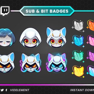 May include: A digital graphic featuring a collection of Twitch sub and bit badges. The badges include various cartoon characters with different expressions and colors, along with stylized shapes. The text "SUB & BIT BADGES" and "VIDELEMENT" are also present.
